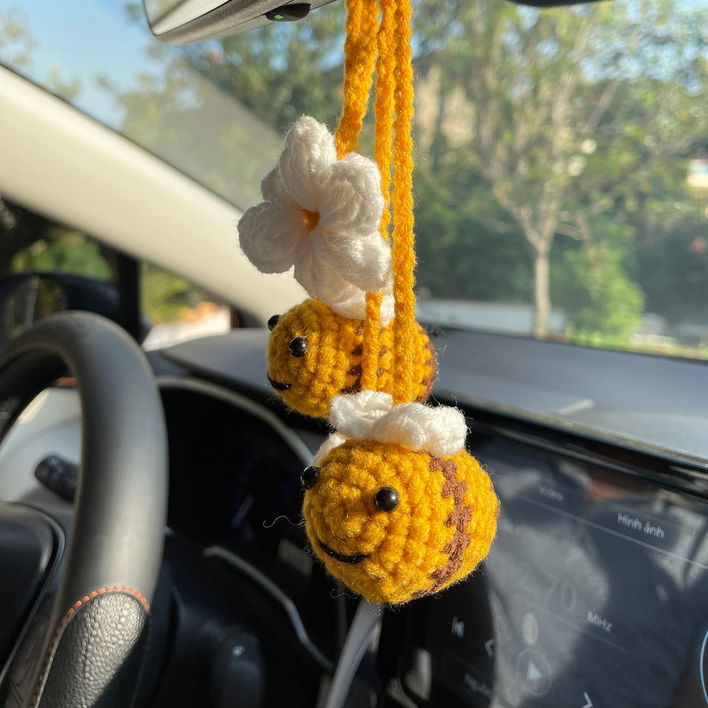 Crochet Hanging Plant For Car Ornament (Yellow Bee with White Flower)