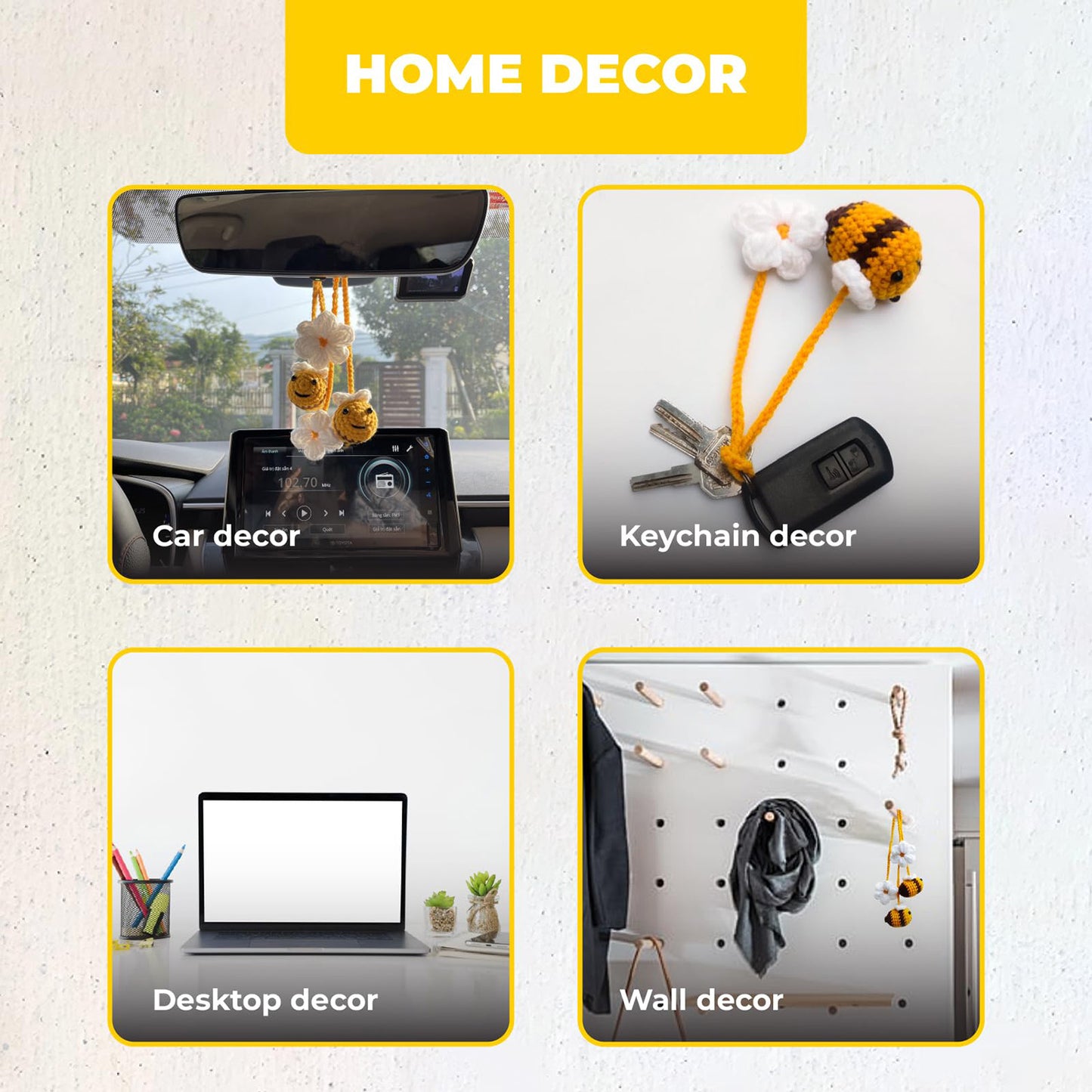 Crochet Hanging Plant For Car Ornament (Yellow Bee with White Flower)