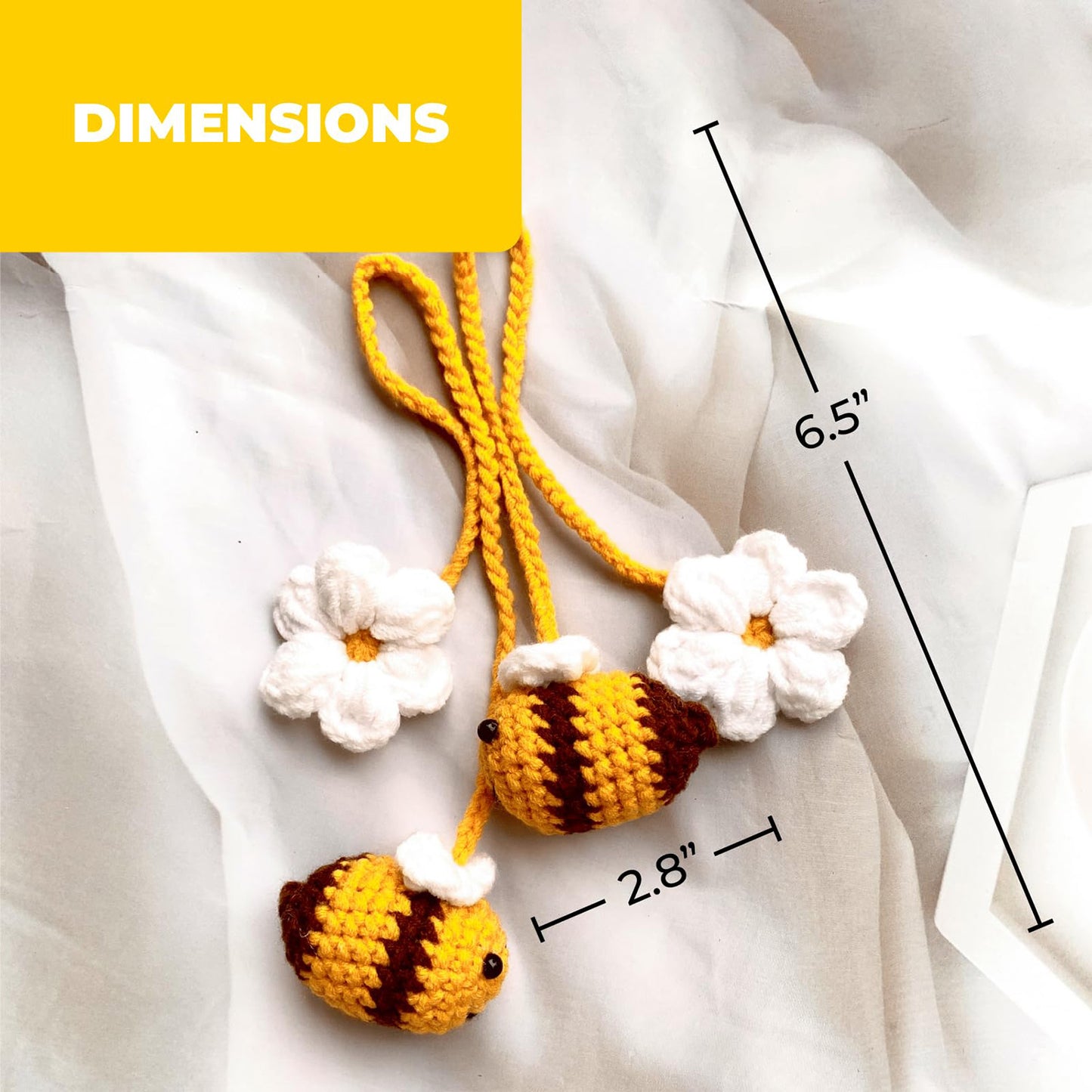 Crochet Hanging Plant For Car Ornament (Yellow Bee with White Flower)