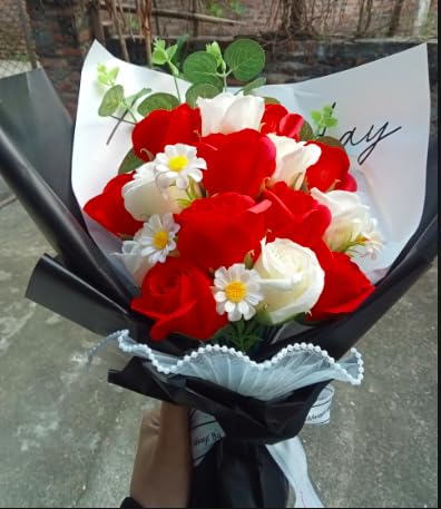 Flower Bouquet | Artificial Completed Flowers of Roses, Daisy, Strawberry Sunflower (Red Rose)