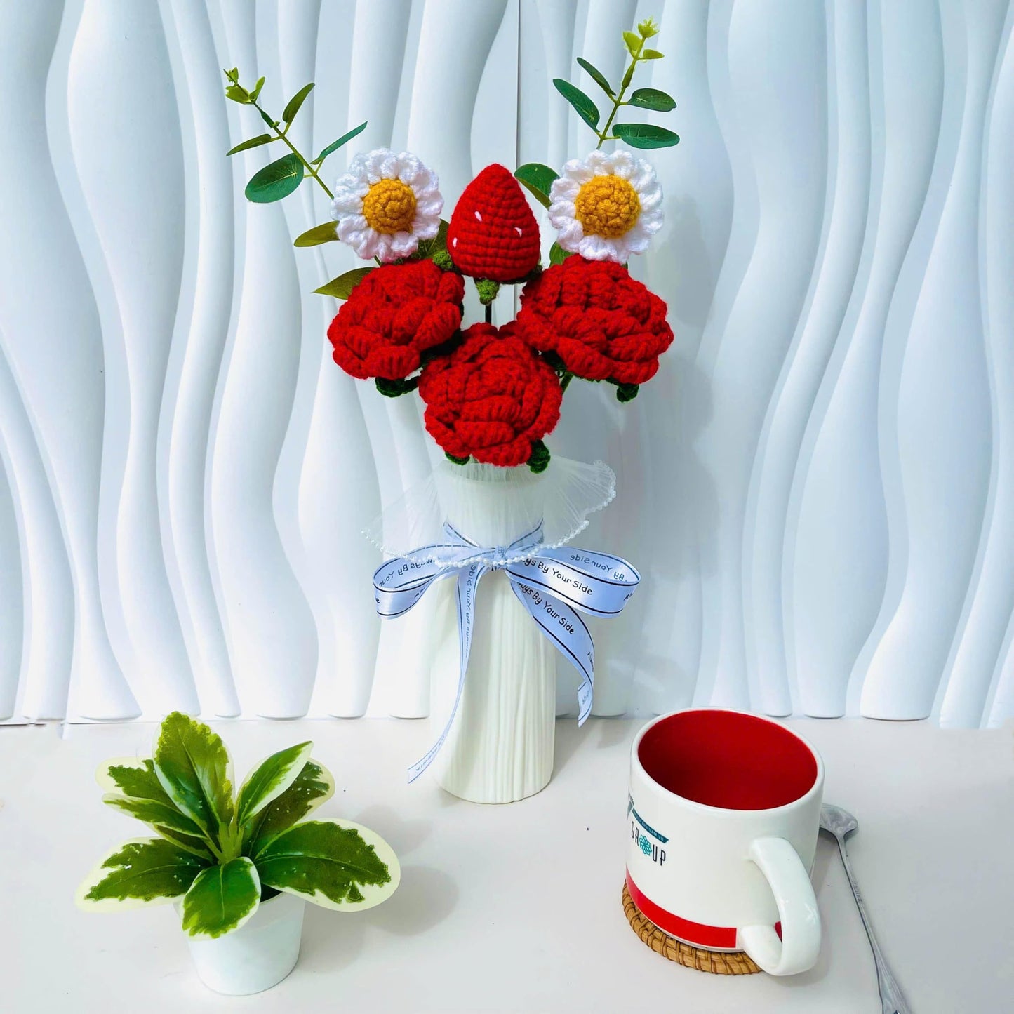 Handmade Crochet Flower Bouquet (Red Rose & Strawberry)