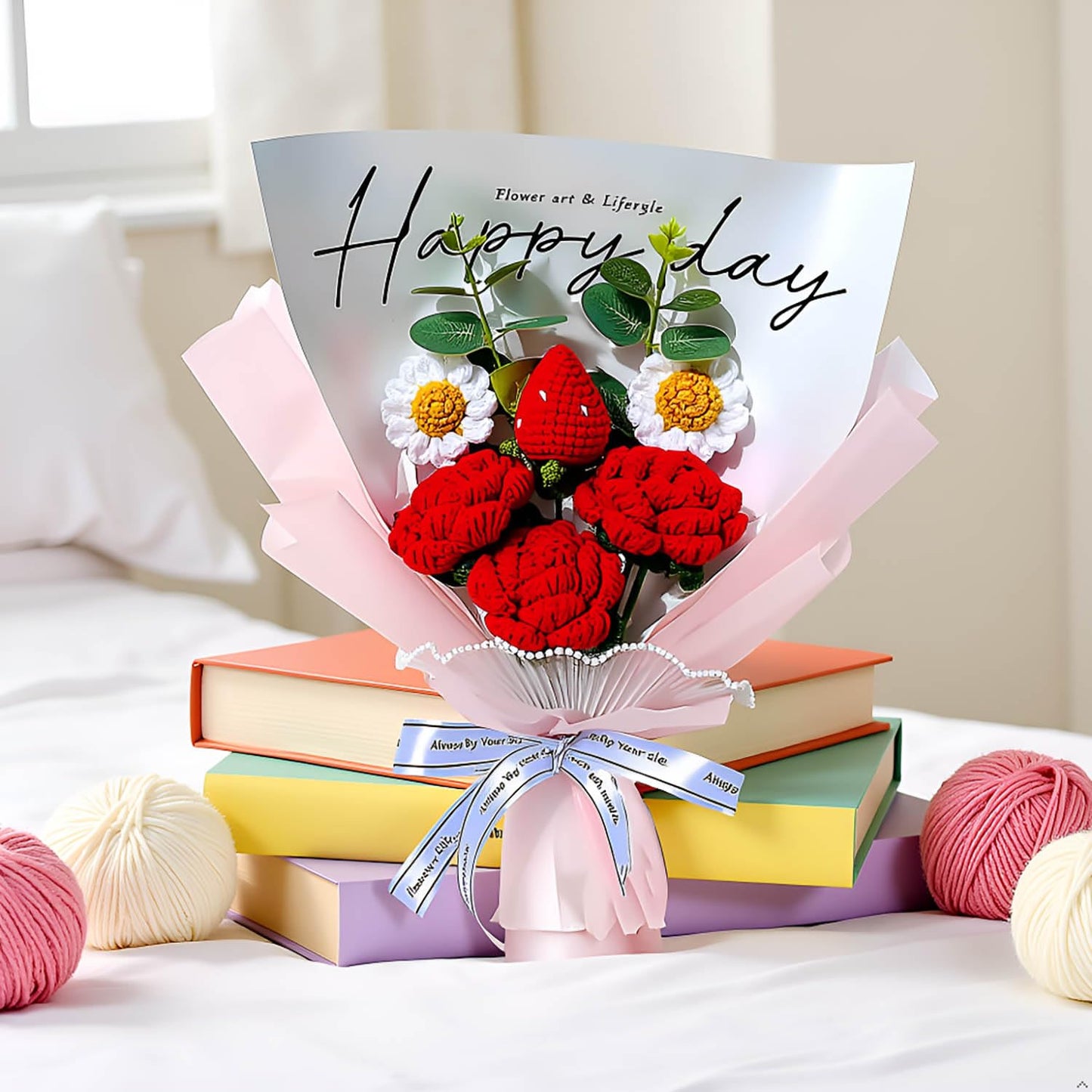 Handmade Crochet Flower Bouquet (Red Rose & Strawberry)