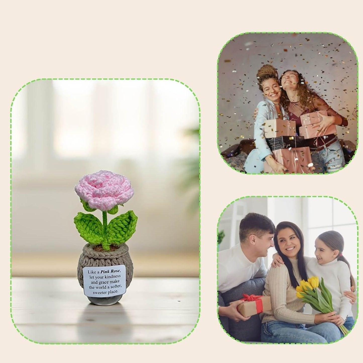 Handmade Crochet Flower with Support Card (Pink Rose)