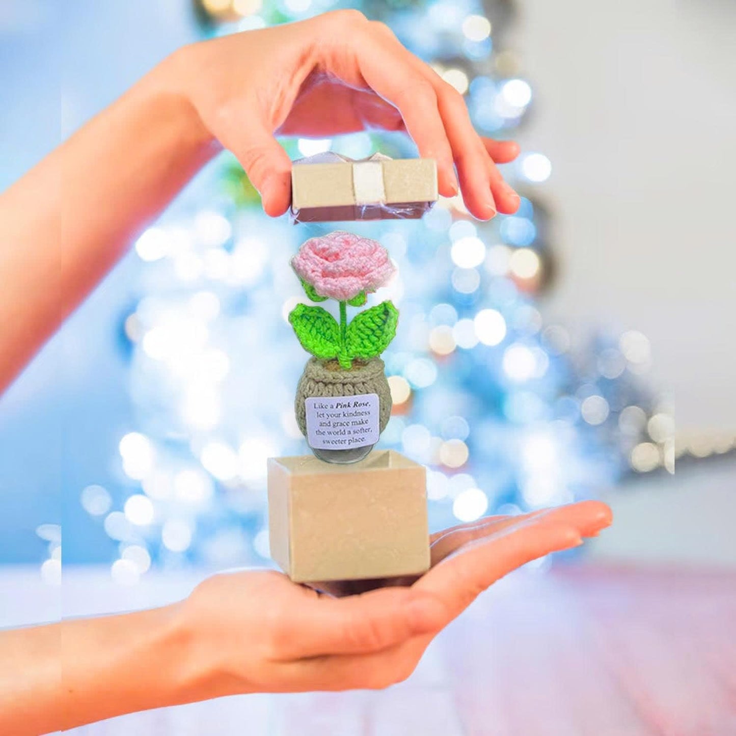 Handmade Crochet Flower with Support Card (Pink Rose)