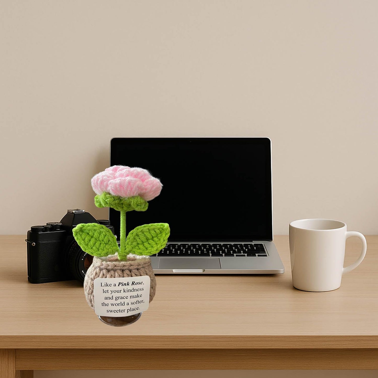 Handmade Crochet Flower with Support Card (Pink Rose)
