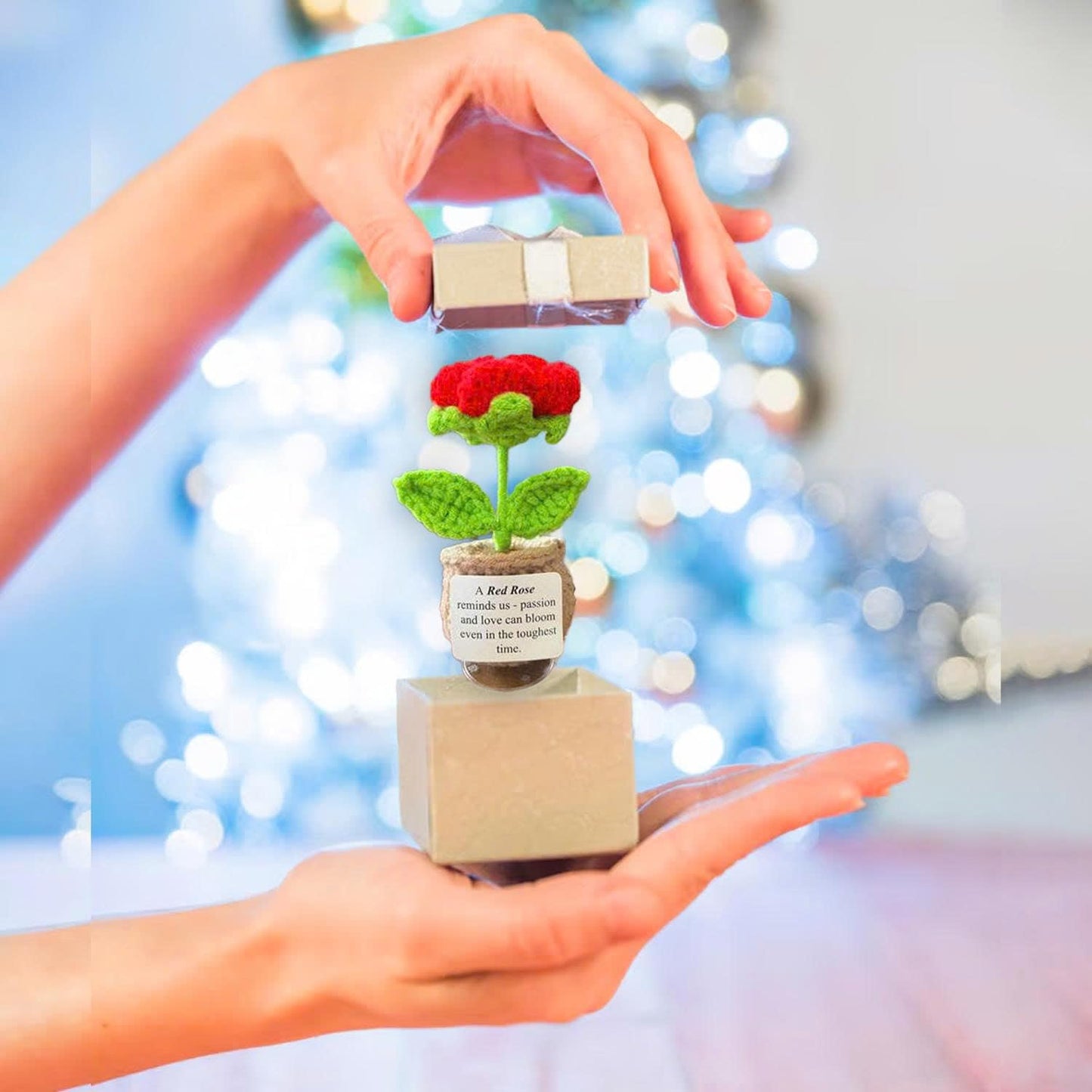Handmade Crochet Flower with Support Card (Red Rose)