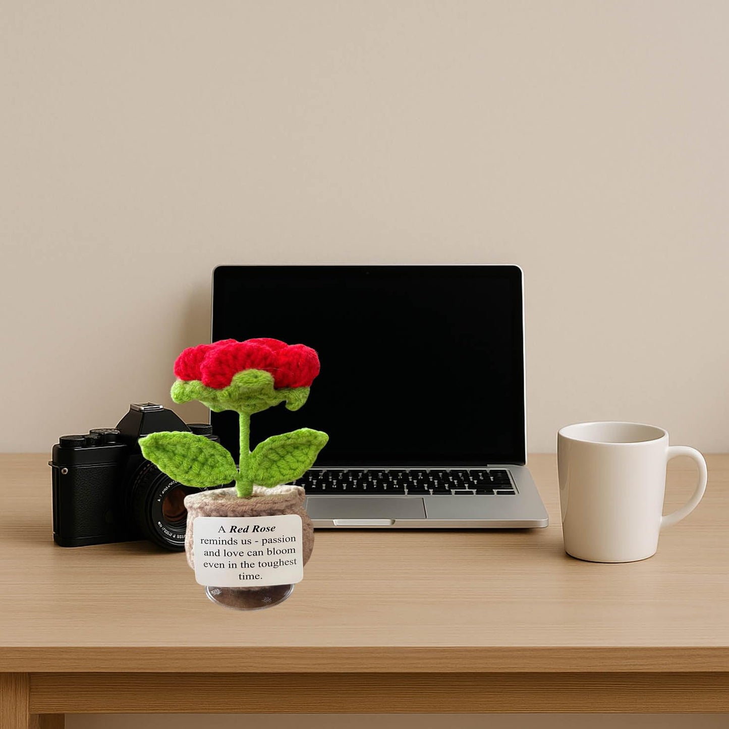Handmade Crochet Flower with Support Card (Red Rose)