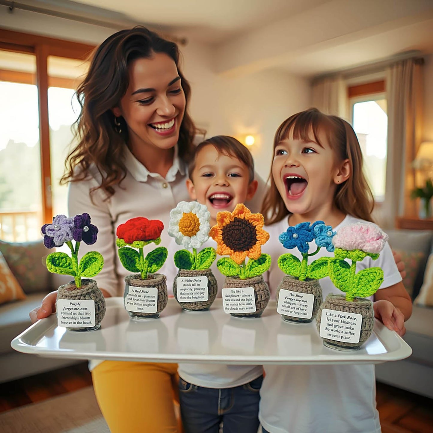 Handmade Crochet Flower with Support Card (Set of 6)