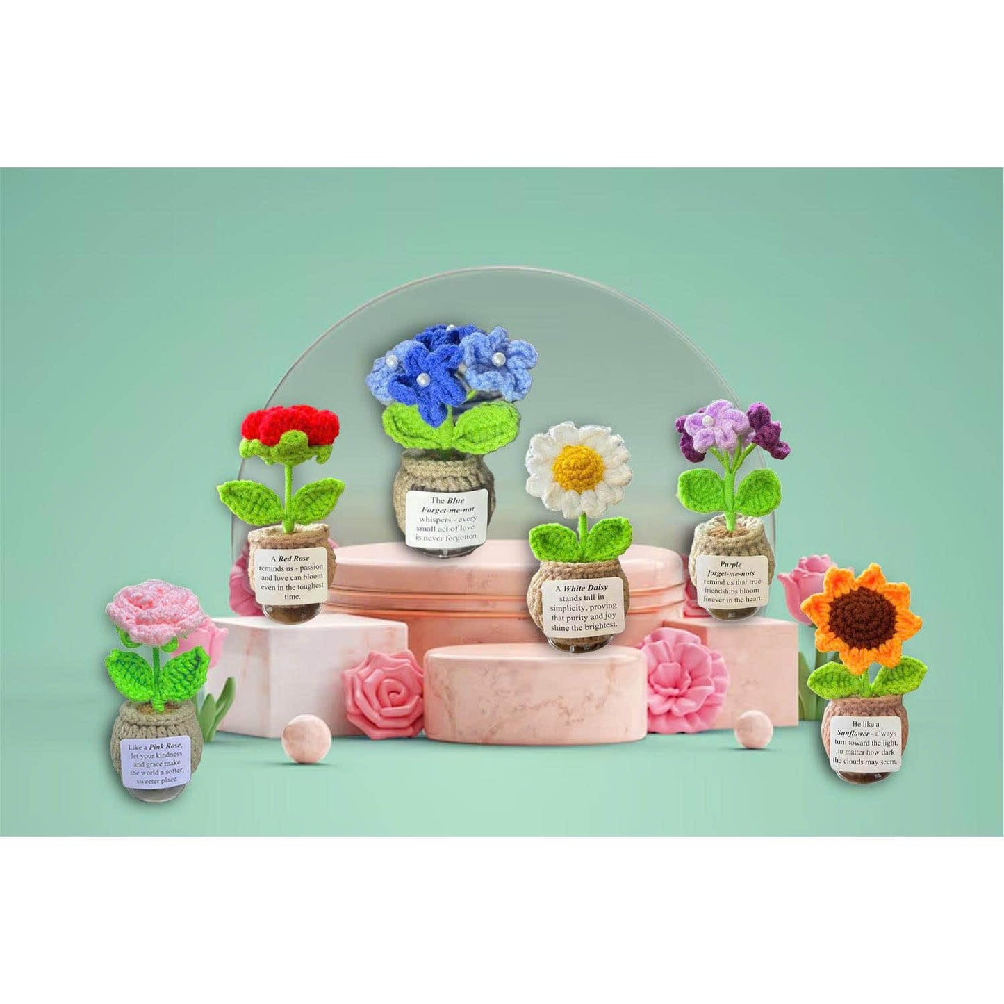 Handmade Crochet Flower with Support Card (Set of 6)