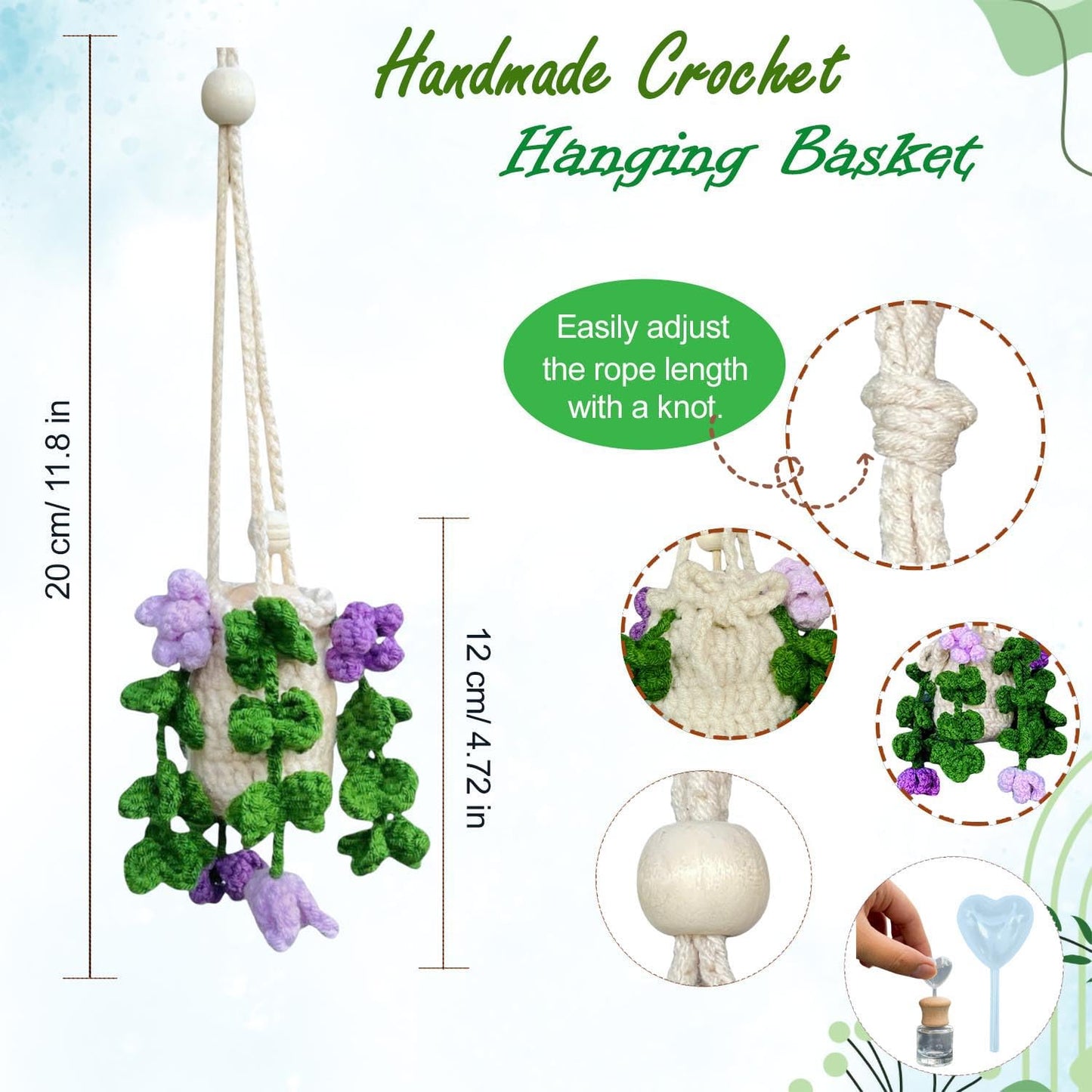 Handmade Crochet Hanging Essential Oil Diffuser Plant for Car Air Freshener (Clover)