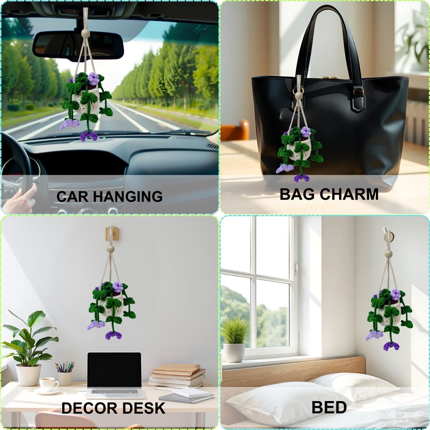 Handmade Crochet Hanging Ornament for Car Rear View Mirror (Clover)