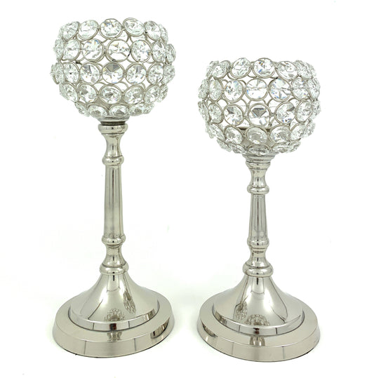 Vibhsa Round Crystal Hurricane Candle Holders | Set of 2, 8" & 10", Silver Nickel Finish