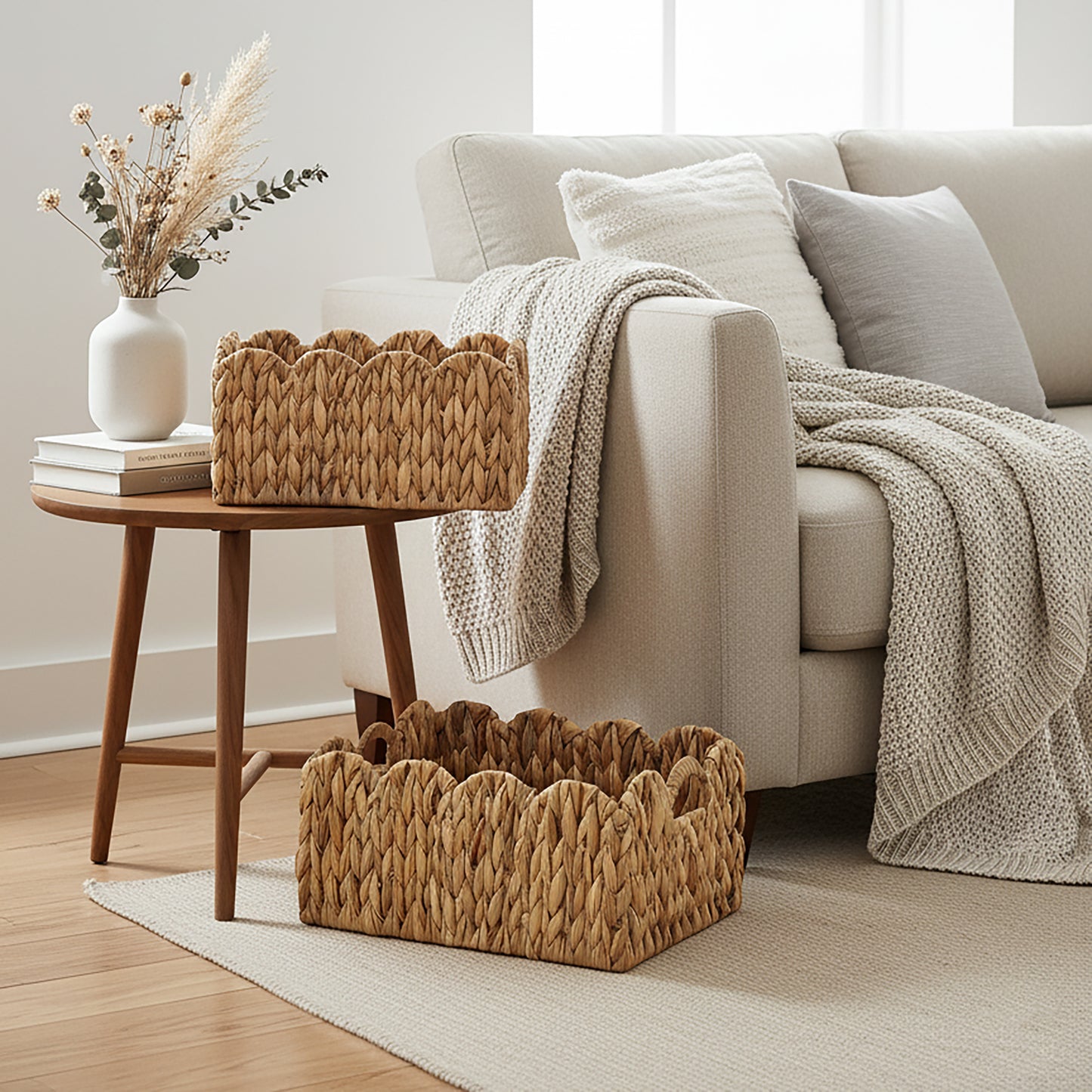 LAQUEDECRAFT Wavy Edges Water Hyacinth Storage Baskets (Set of 2)