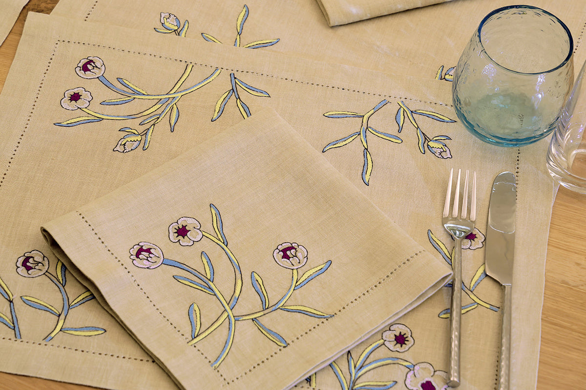 Hand Embroidered Watercolor Bloom Placemats 14" × 18" (Set of 4)