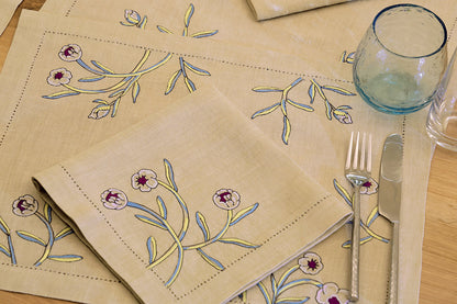 Hand Embroidered Watercolor Bloom Placemats 14" × 18" (Set of 4)