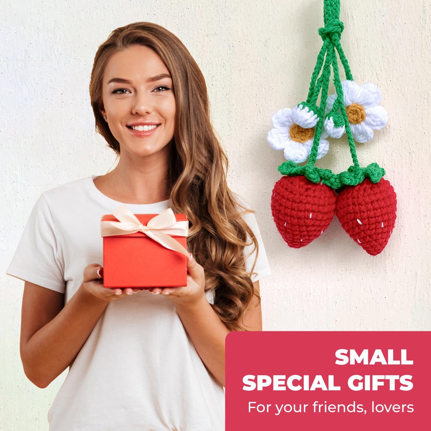 Laquedecraft 2 Handmade Crochet Strawberry Ornaments, Strawberry Accessories car