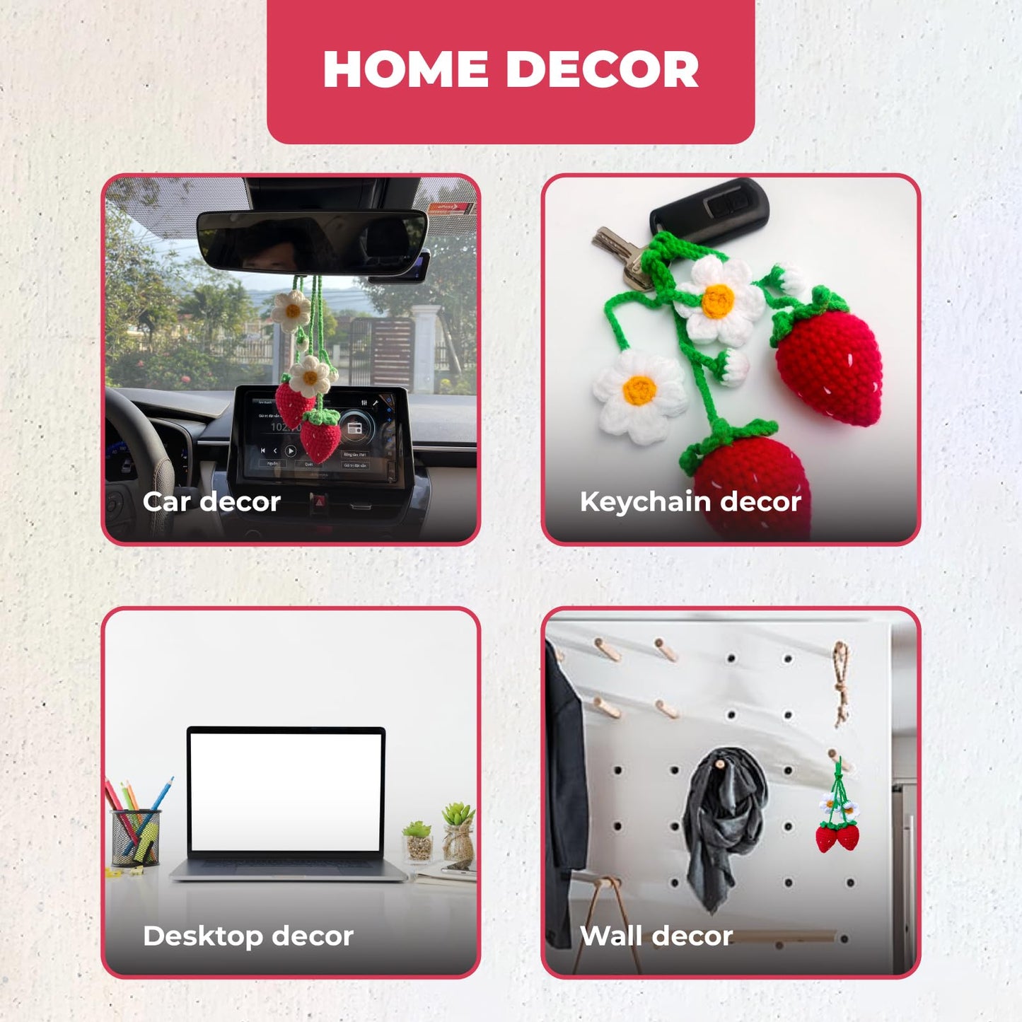 Laquedecraft 2 Handmade Crochet Strawberry Ornaments, Strawberry Accessories car