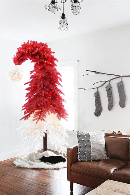 Pre-lit Santa Hat Christmas Tree with Red and Warm White Lights and Square Metal Base