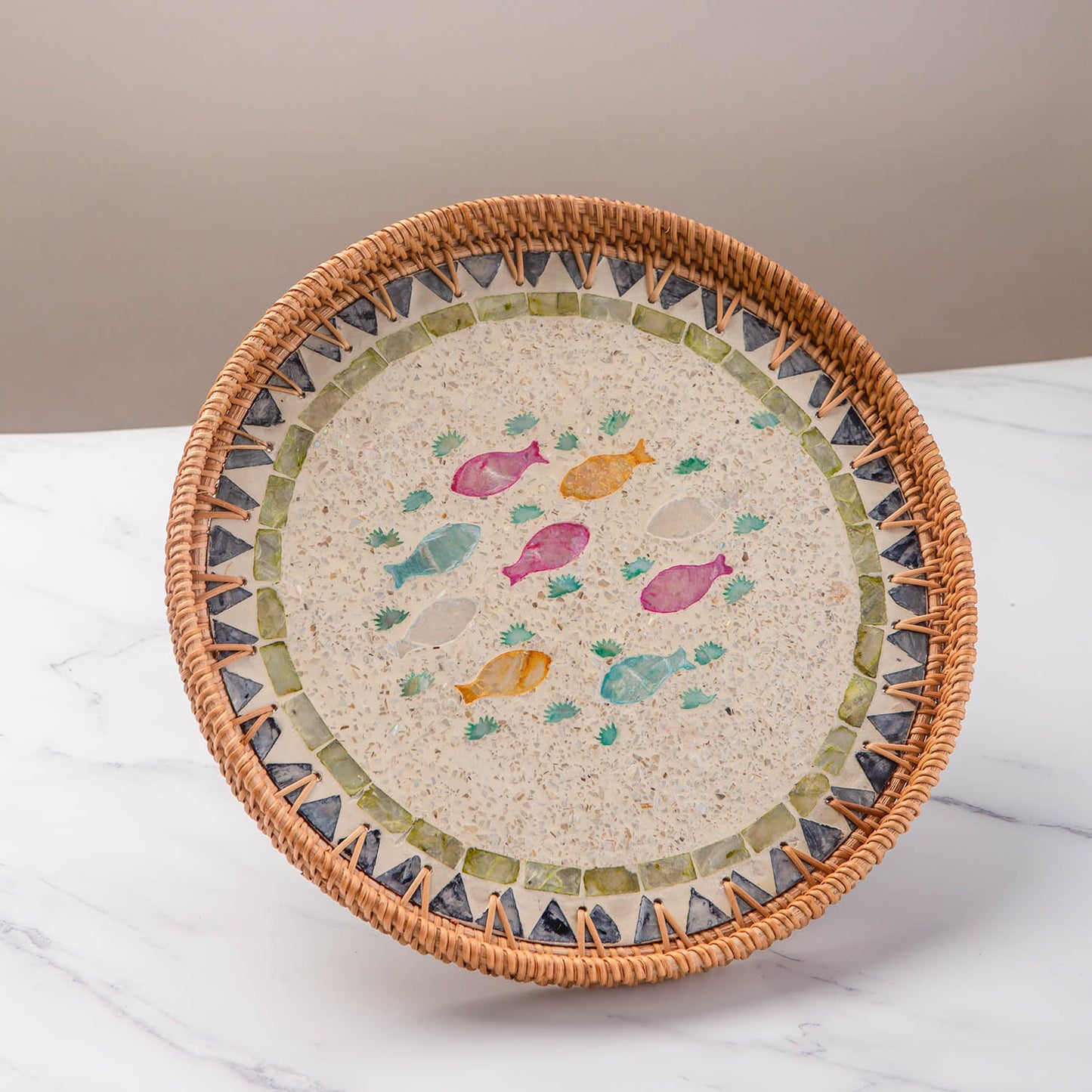 11.8' Round Rattan Mother Pearl Inlay Tray (Aquatic)