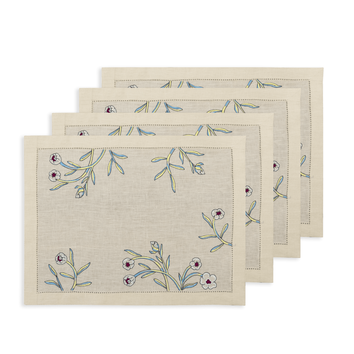 Hand Embroidered Watercolor Bloom Placemats 14" × 18" (Set of 4)
