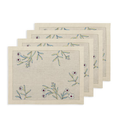 Hand Embroidered Watercolor Bloom Placemats 14" × 18" (Set of 4)