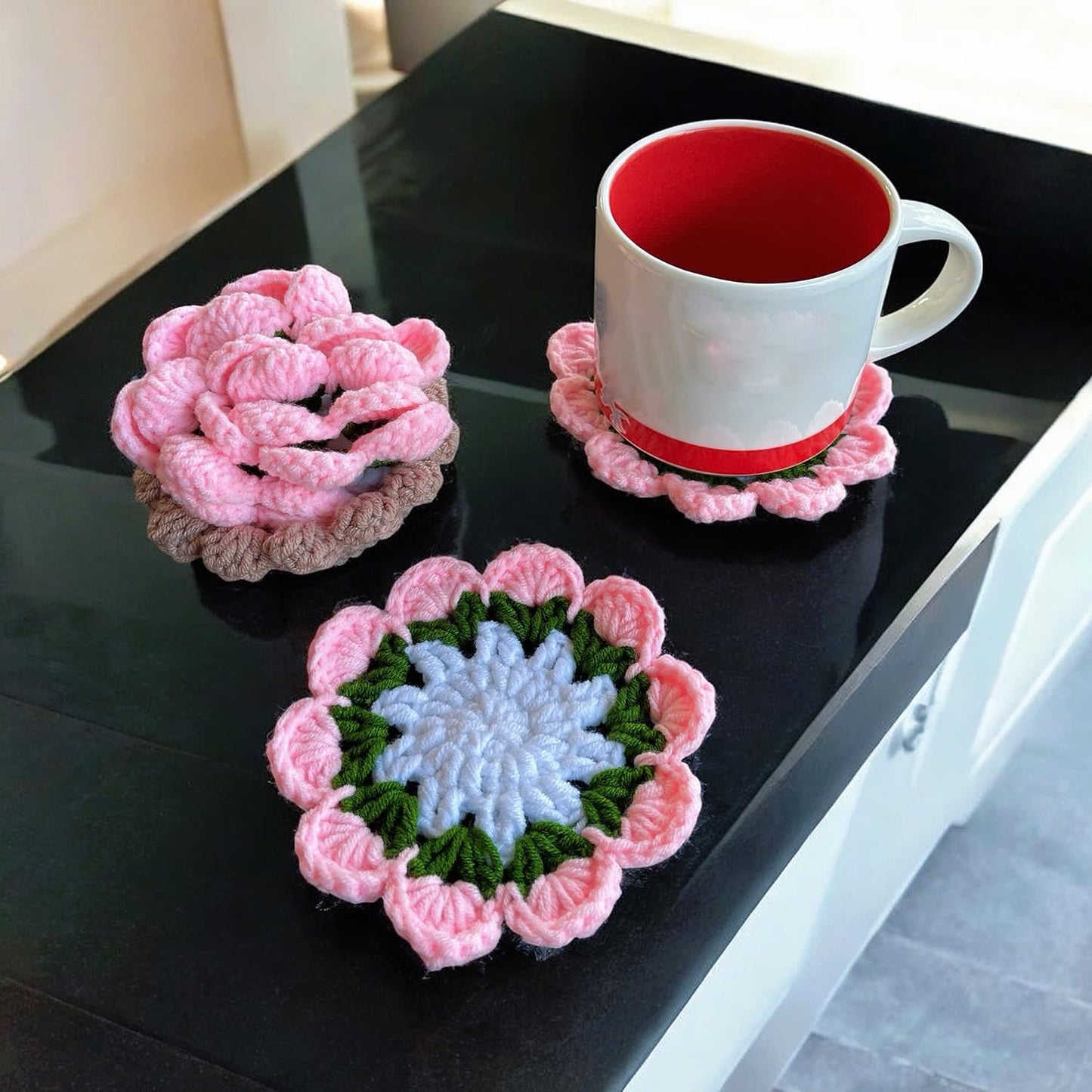 Set of 4 Handmade Crochet Fruit Coffee Wine Drink Coasters (Pink Rose)