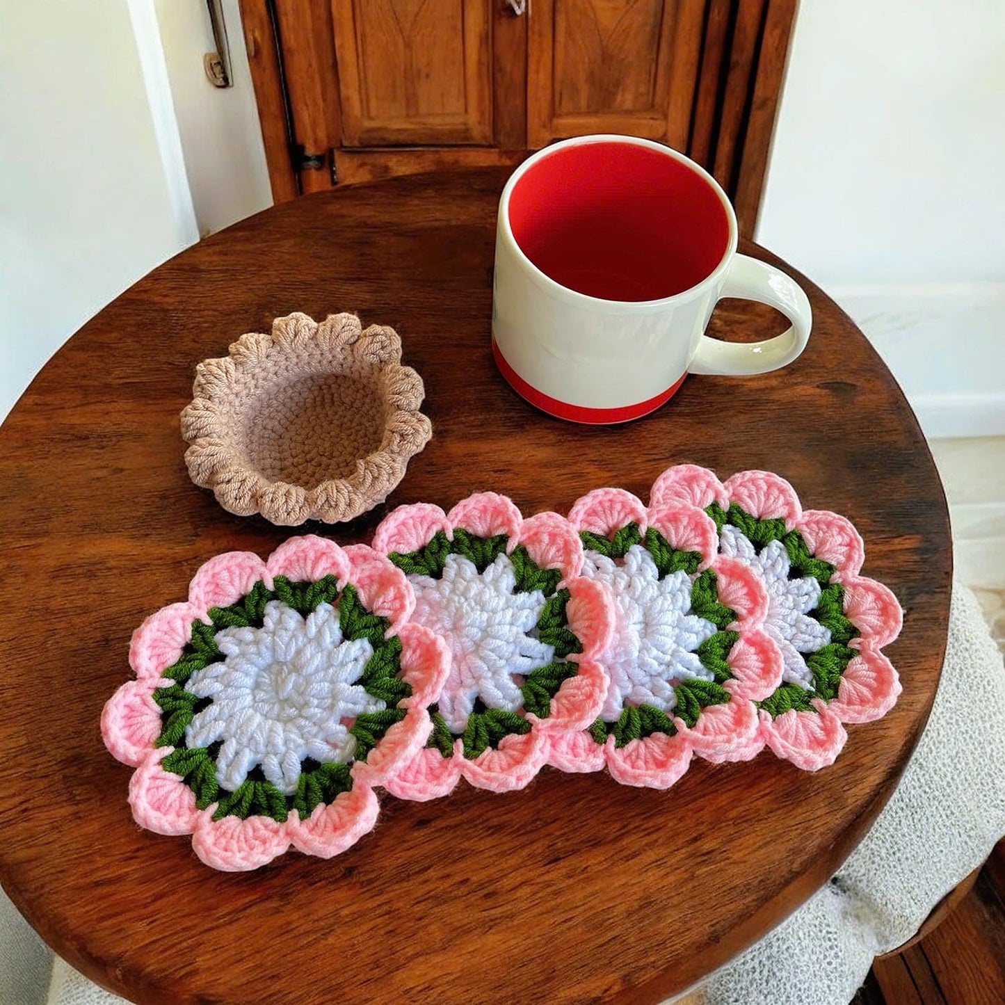 Set of 4 Handmade Crochet Fruit Coffee Wine Drink Coasters (Pink Rose)