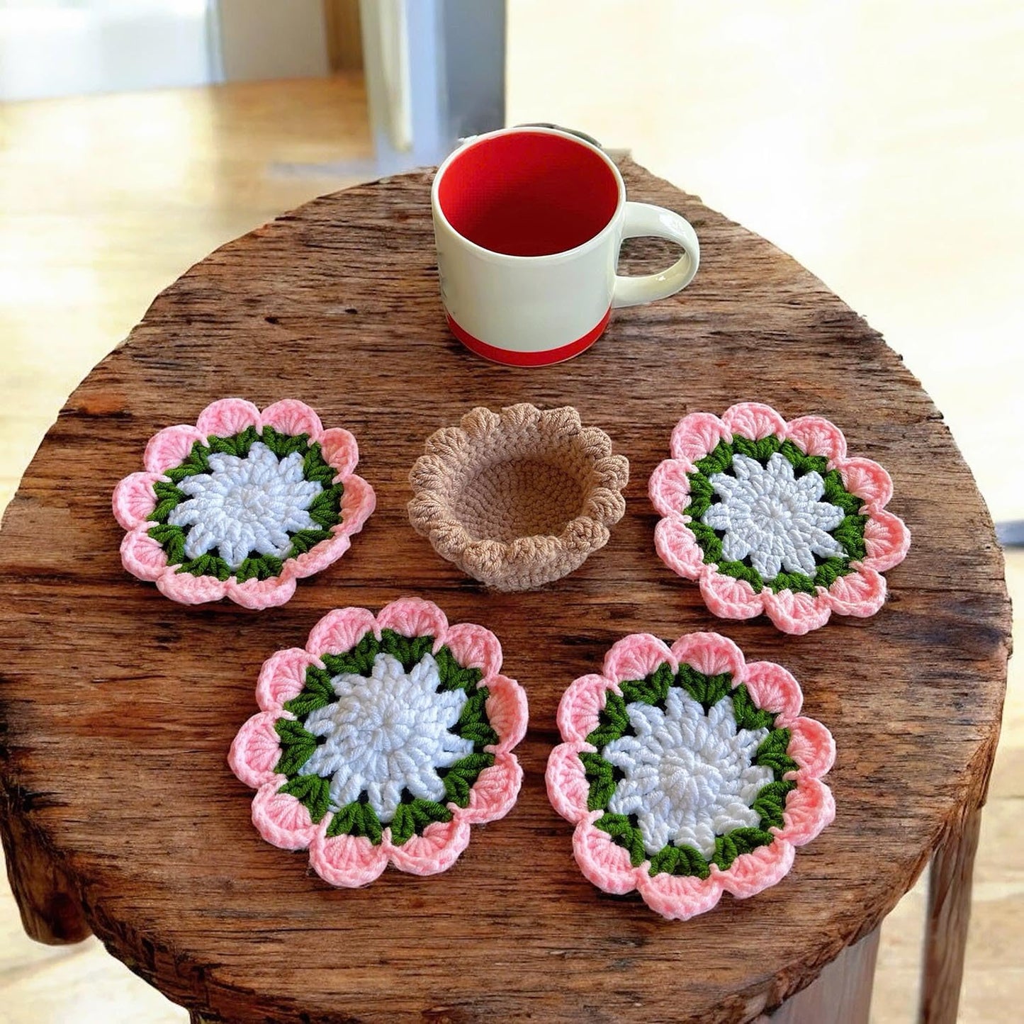 Set of 4 Handmade Crochet Fruit Coffee Wine Drink Coasters (Pink Rose)