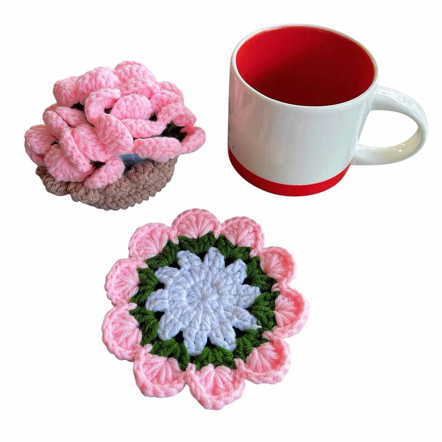 Set of 4 Handmade Crochet Fruit Coffee Wine Drink Coasters (Pink Rose)
