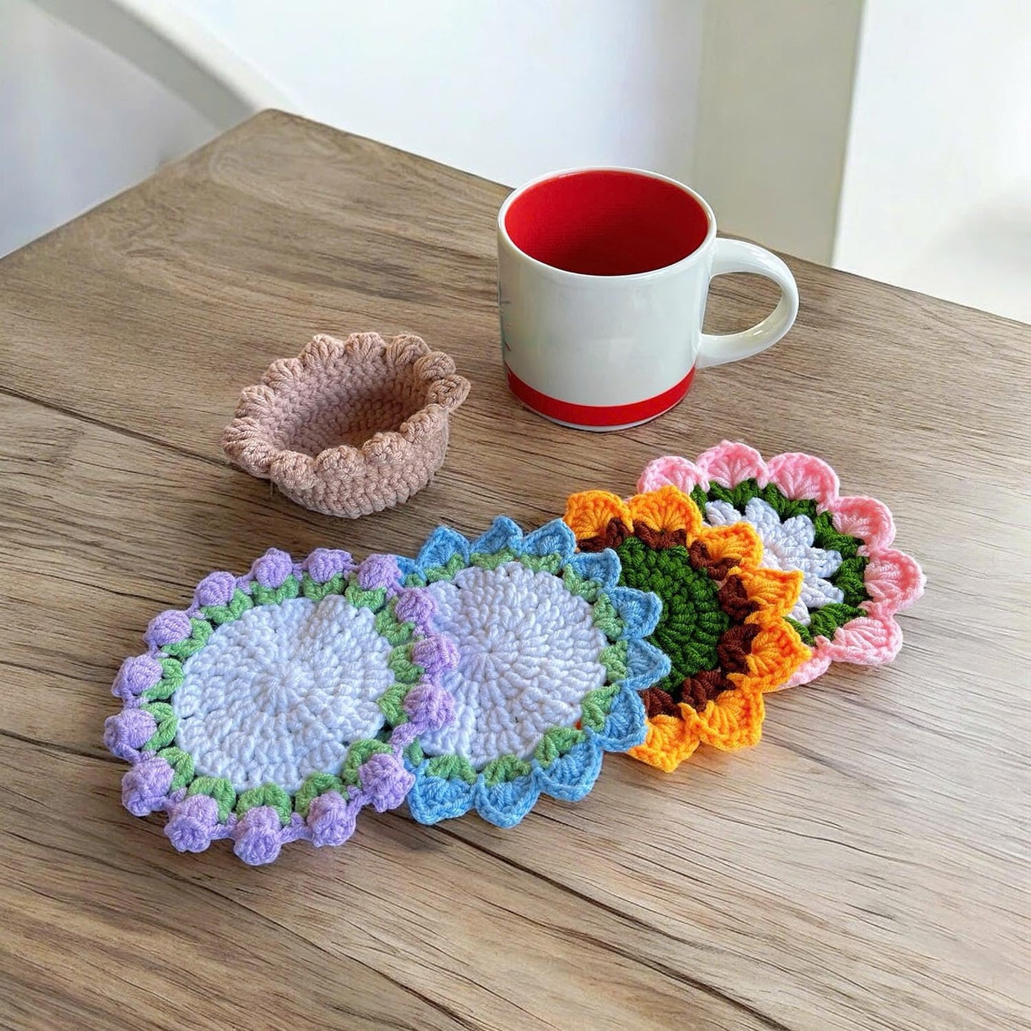 Set of 4 Handmade Crochet Fruit Coffee Wine Drink Coasters (Purple Bellflower, Sunflower, Blue and Pink Rose)