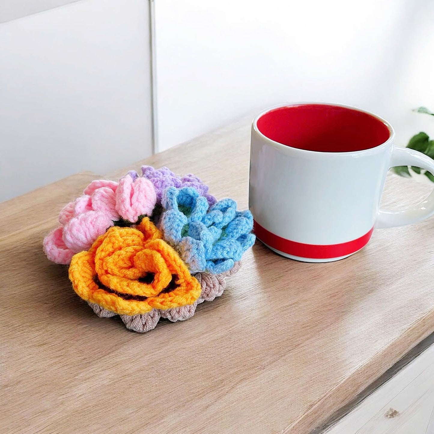 Set of 4 Handmade Crochet Fruit Coffee Wine Drink Coasters (Purple Bellflower, Sunflower, Blue and Pink Rose)