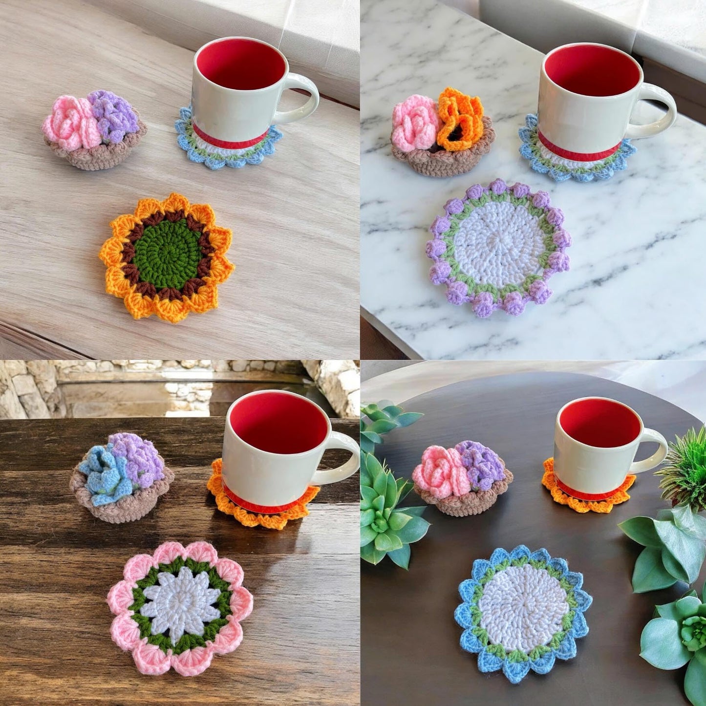 Set of 4 Handmade Crochet Fruit Coffee Wine Drink Coasters (Purple Bellflower, Sunflower, Blue and Pink Rose)