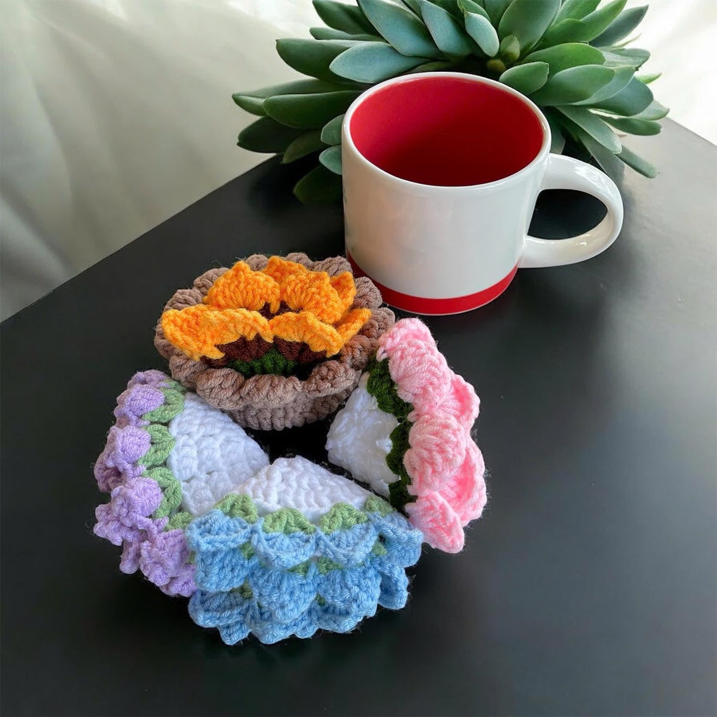 Set of 4 Handmade Crochet Fruit Coffee Wine Drink Coasters (Purple Bellflower, Sunflower, Blue and Pink Rose)