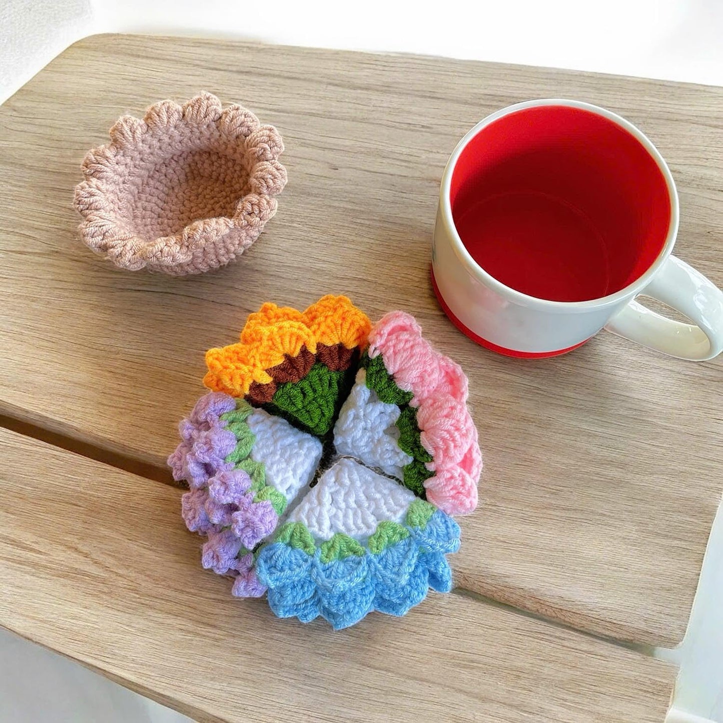 Set of 4 Handmade Crochet Fruit Coffee Wine Drink Coasters (Purple Bellflower, Sunflower, Blue and Pink Rose)