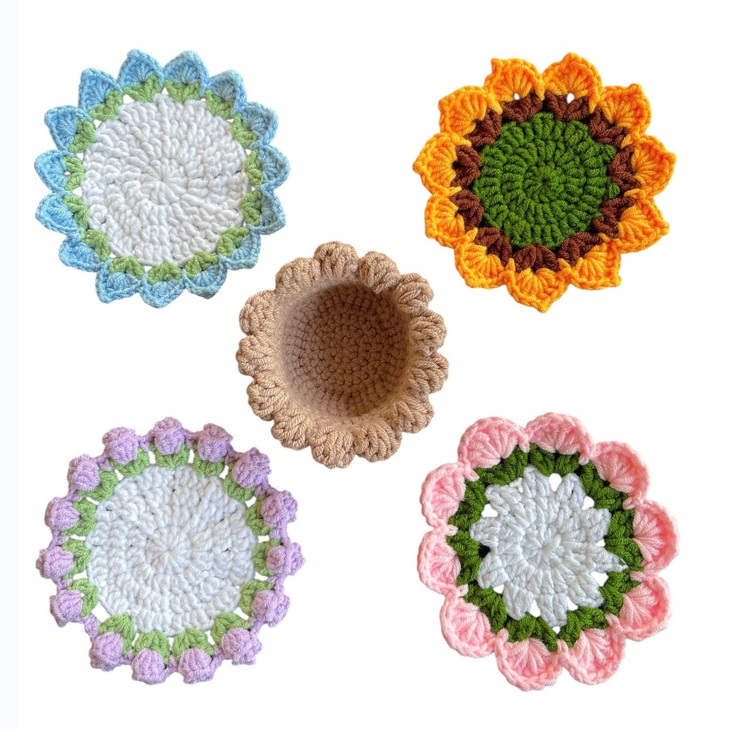 Set of 4 Handmade Crochet Fruit Coffee Wine Drink Coasters (Purple Bellflower, Sunflower, Blue and Pink Rose)