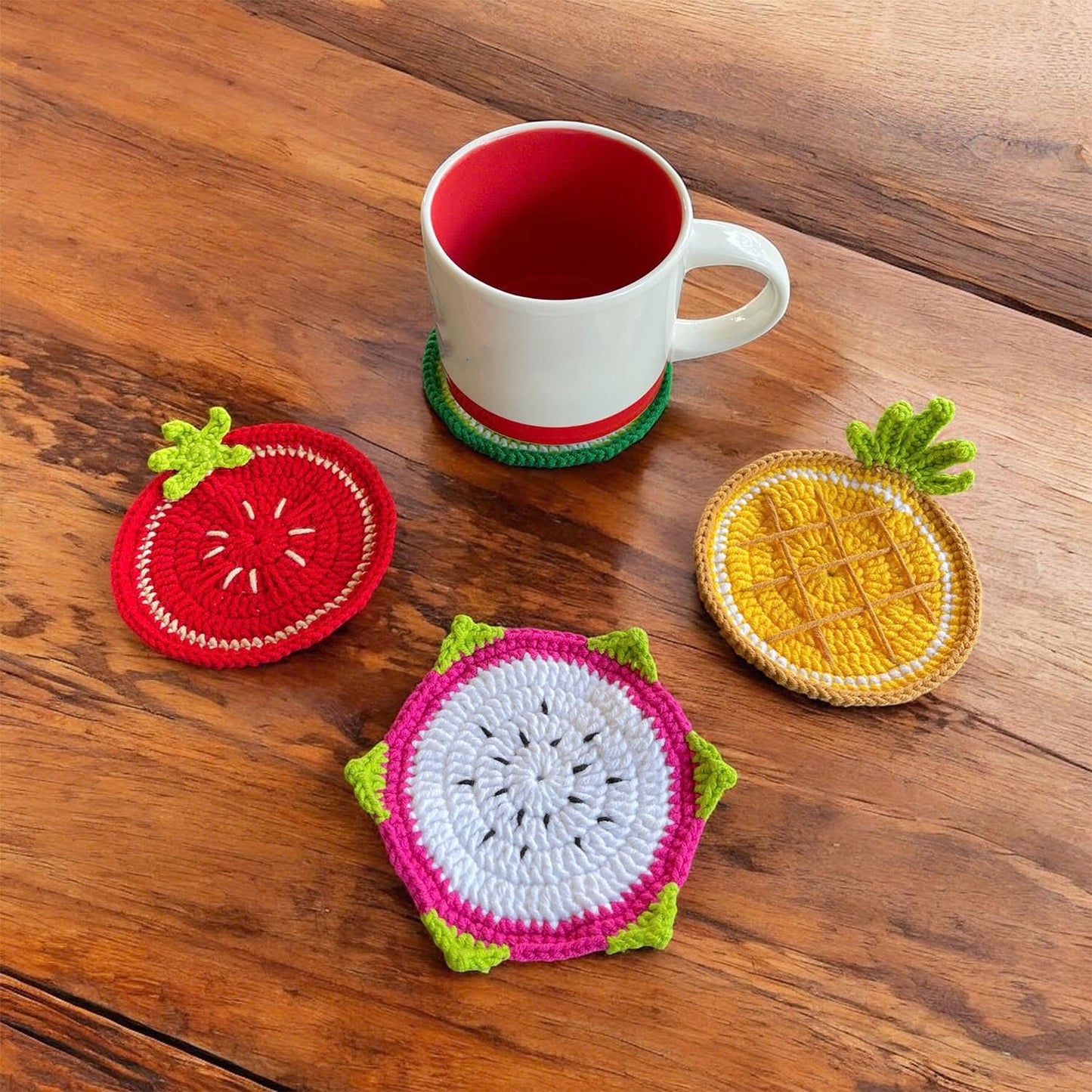 Set of 4 Handmade Crochet Fruit Coffee Wine Drink Coasters (Strawberry, Dragonfruit, Green Lemon, Pineapple)