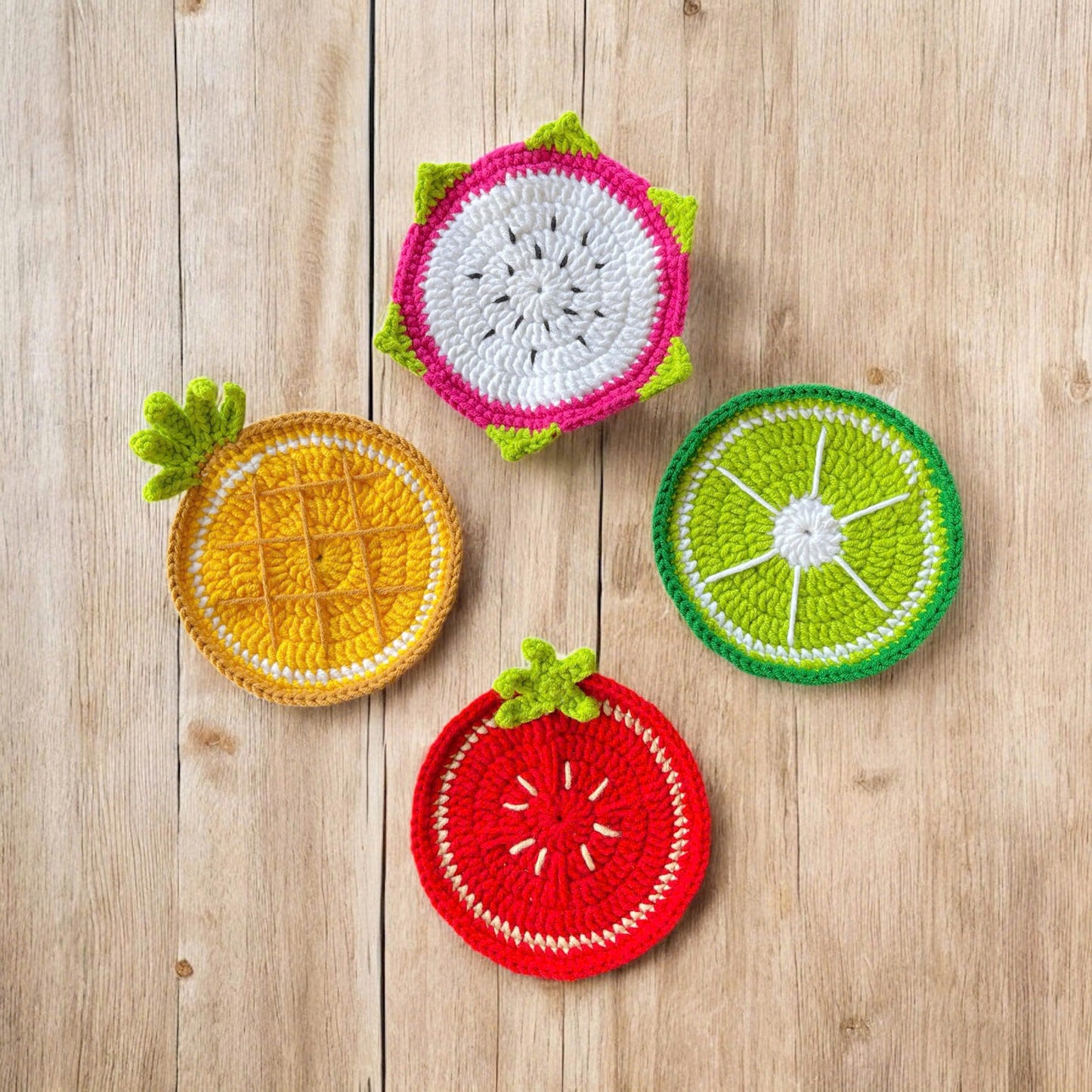 Set of 4 Handmade Crochet Fruit Coffee Wine Drink Coasters (Strawberry, Dragonfruit, Green Lemon, Pineapple)