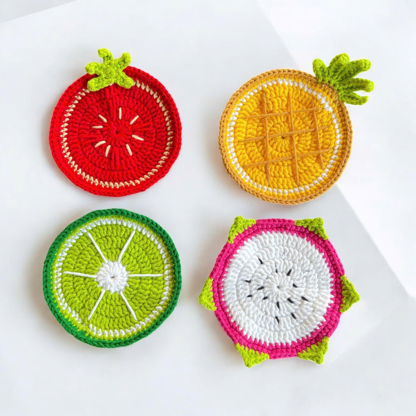 Set of 4 Handmade Crochet Fruit Coffee Wine Drink Coasters (Strawberry, Dragonfruit, Green Lemon, Pineapple)