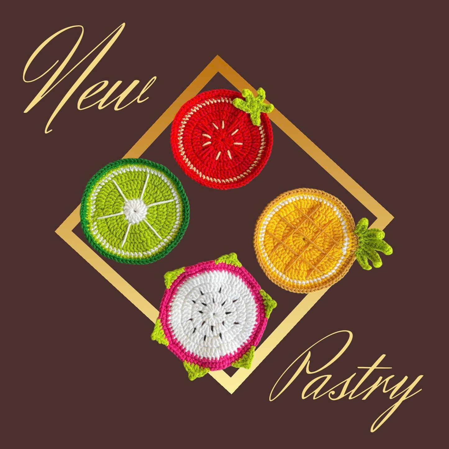 Set of 4 Handmade Crochet Fruit Coffee Wine Drink Coasters (Strawberry, Dragonfruit, Green Lemon, Pineapple)