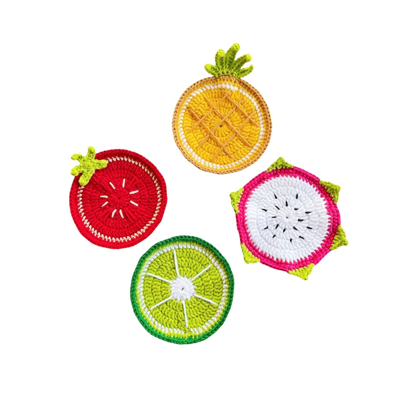 Set of 4 Handmade Crochet Fruit Coffee Wine Drink Coasters (Strawberry, Dragonfruit, Green Lemon, Pineapple)
