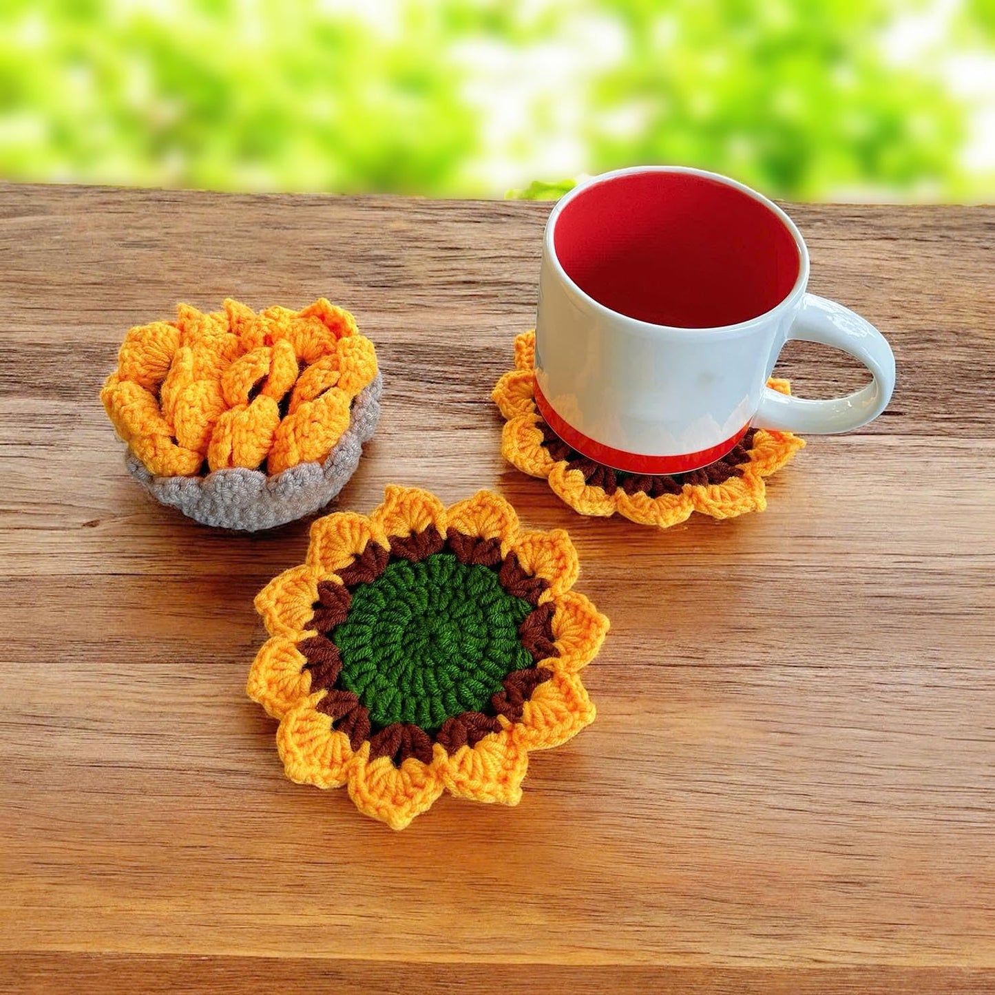 Set of 4 Handmade Crochet Fruit Coffee Wine Drink Coasters (Sunflower)