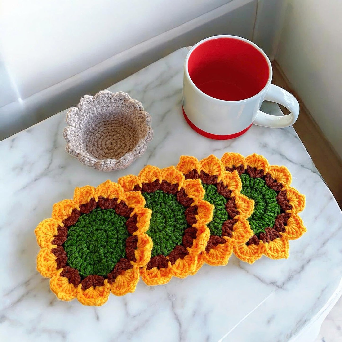 Set of 4 Handmade Crochet Fruit Coffee Wine Drink Coasters (Sunflower)