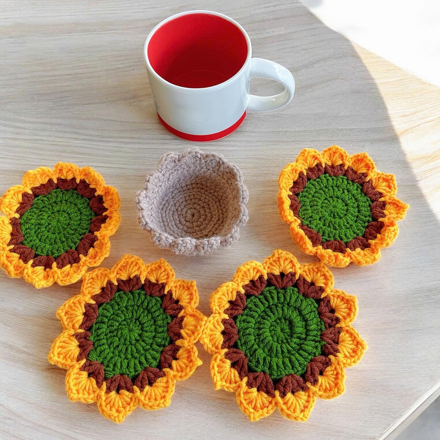 Set of 4 Handmade Crochet Fruit Coffee Wine Drink Coasters (Sunflower)
