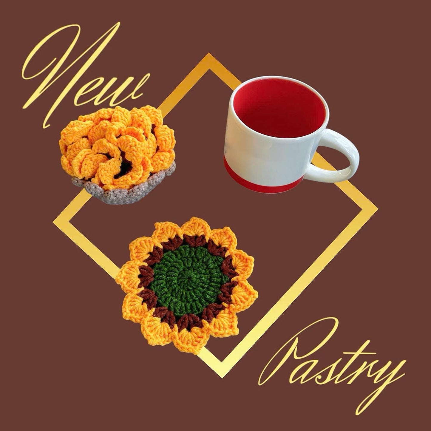 Set of 4 Handmade Crochet Fruit Coffee Wine Drink Coasters (Sunflower)