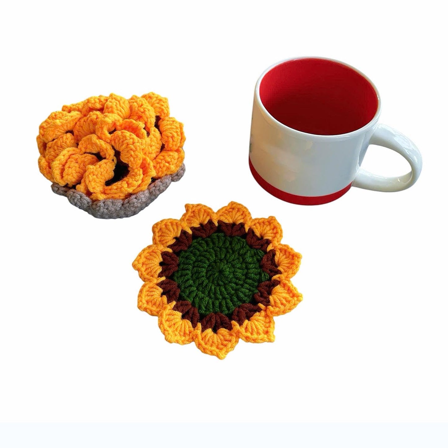 Set of 4 Handmade Crochet Fruit Coffee Wine Drink Coasters (Sunflower)