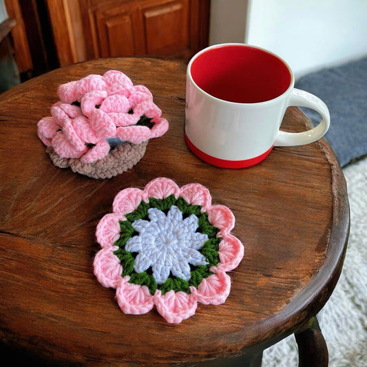 Set of 4 Handmade Crochet Fruit Coffee Wine Drink Coasters (Pink Rose)