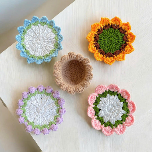 Set of 4 Handmade Crochet Fruit Coffee Wine Drink Coasters (Purple Bellflower, Sunflower, Blue and Pink Rose)