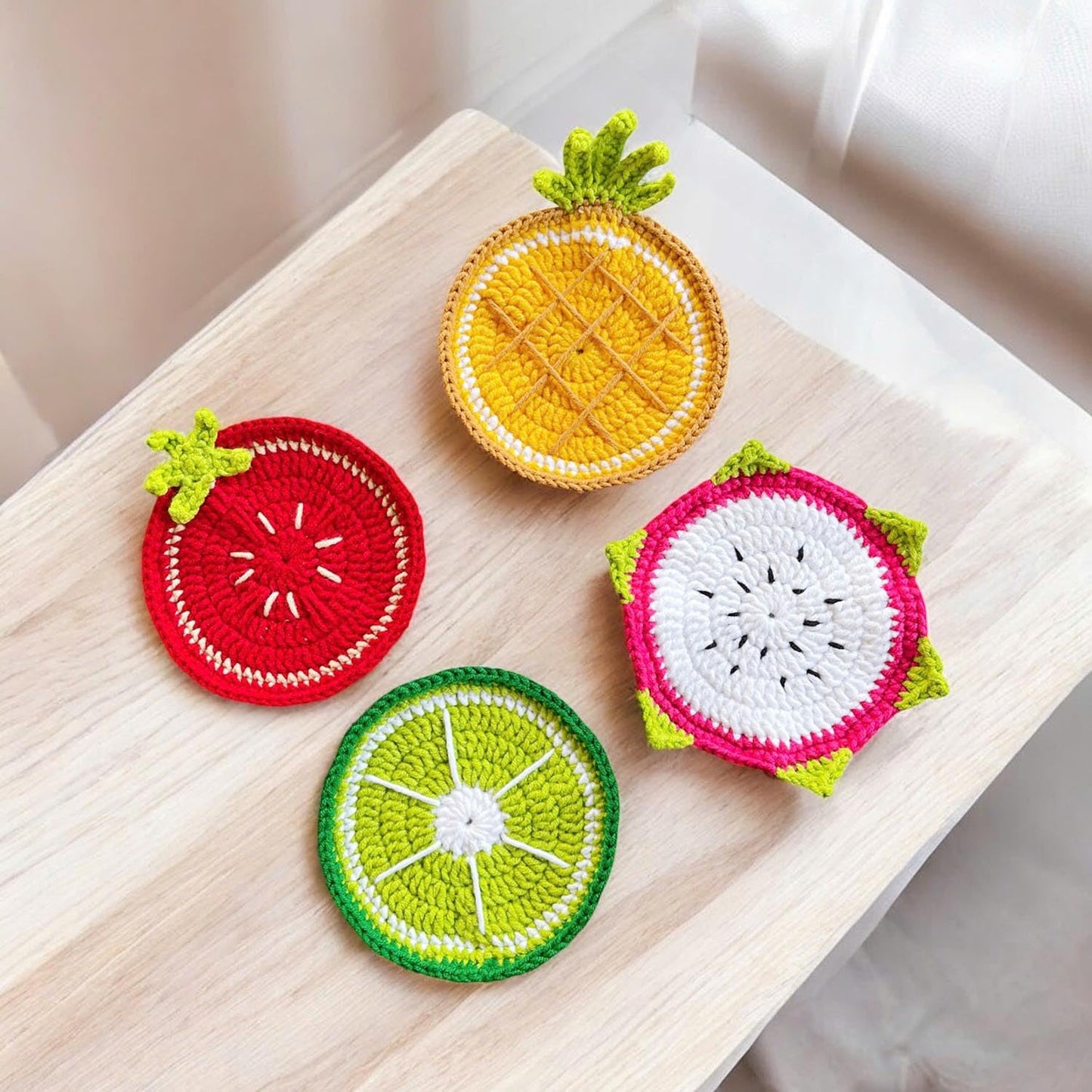 Set of 4 Handmade Crochet Fruit Coffee Wine Drink Coasters (Strawberry, Dragonfruit, Green Lemon, Pineapple)