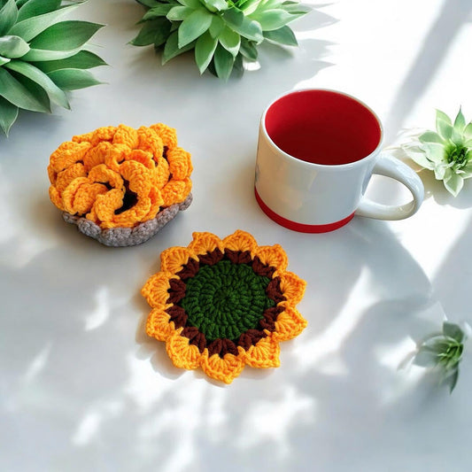 Set of 4 Handmade Crochet Fruit Coffee Wine Drink Coasters (Sunflower)