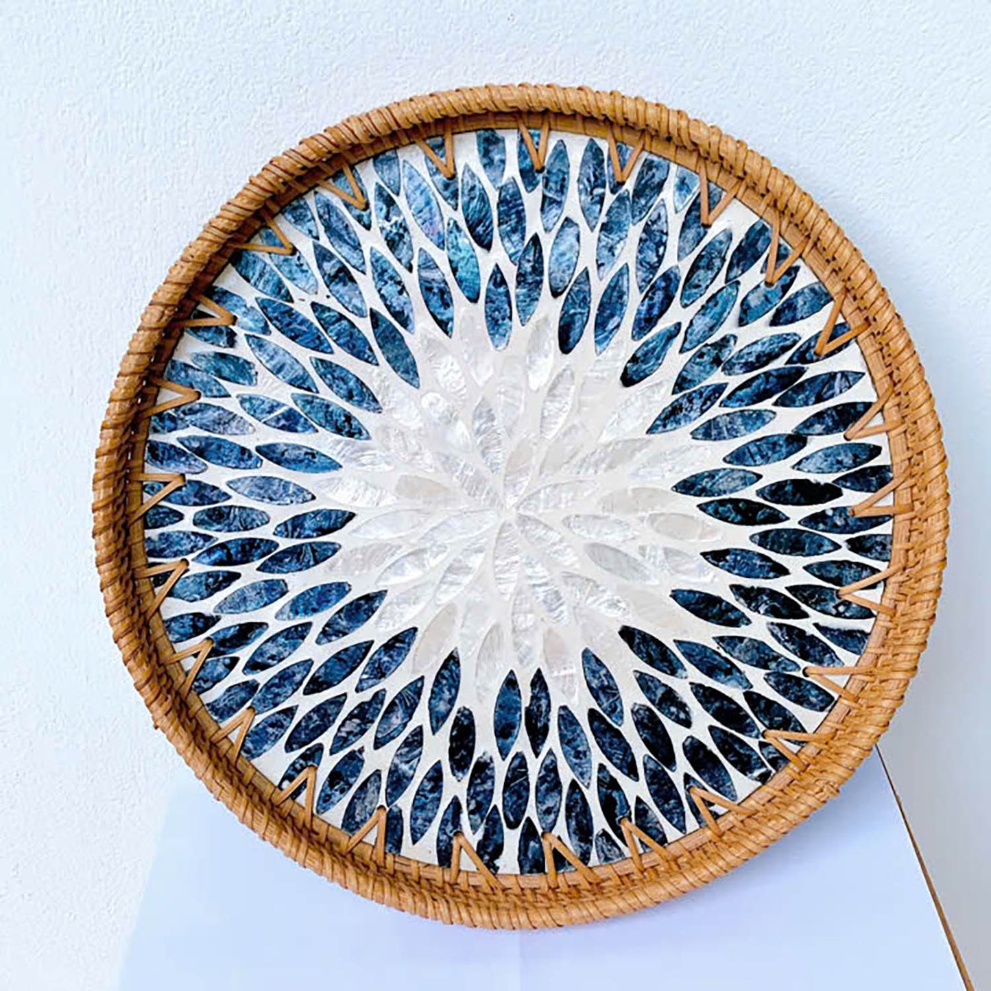 11.8' Wicker Round Rattan Mother of Pearl Serving Basket Tray for Décor Coffee Table (Black)